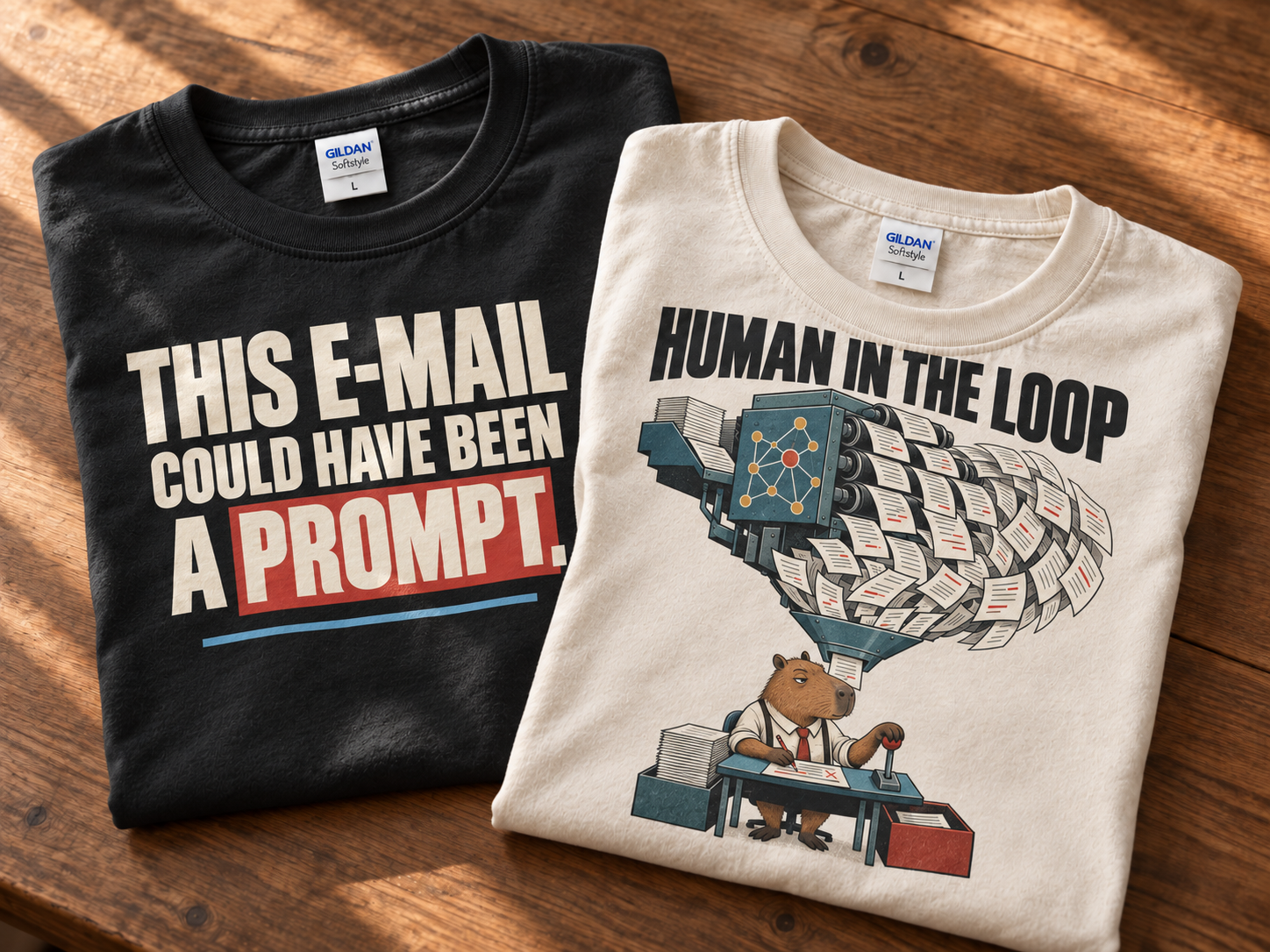 This E-Mail Could Have Been a Prompt and Human in the Loop capybara graphic tees arranged on a tabletop
