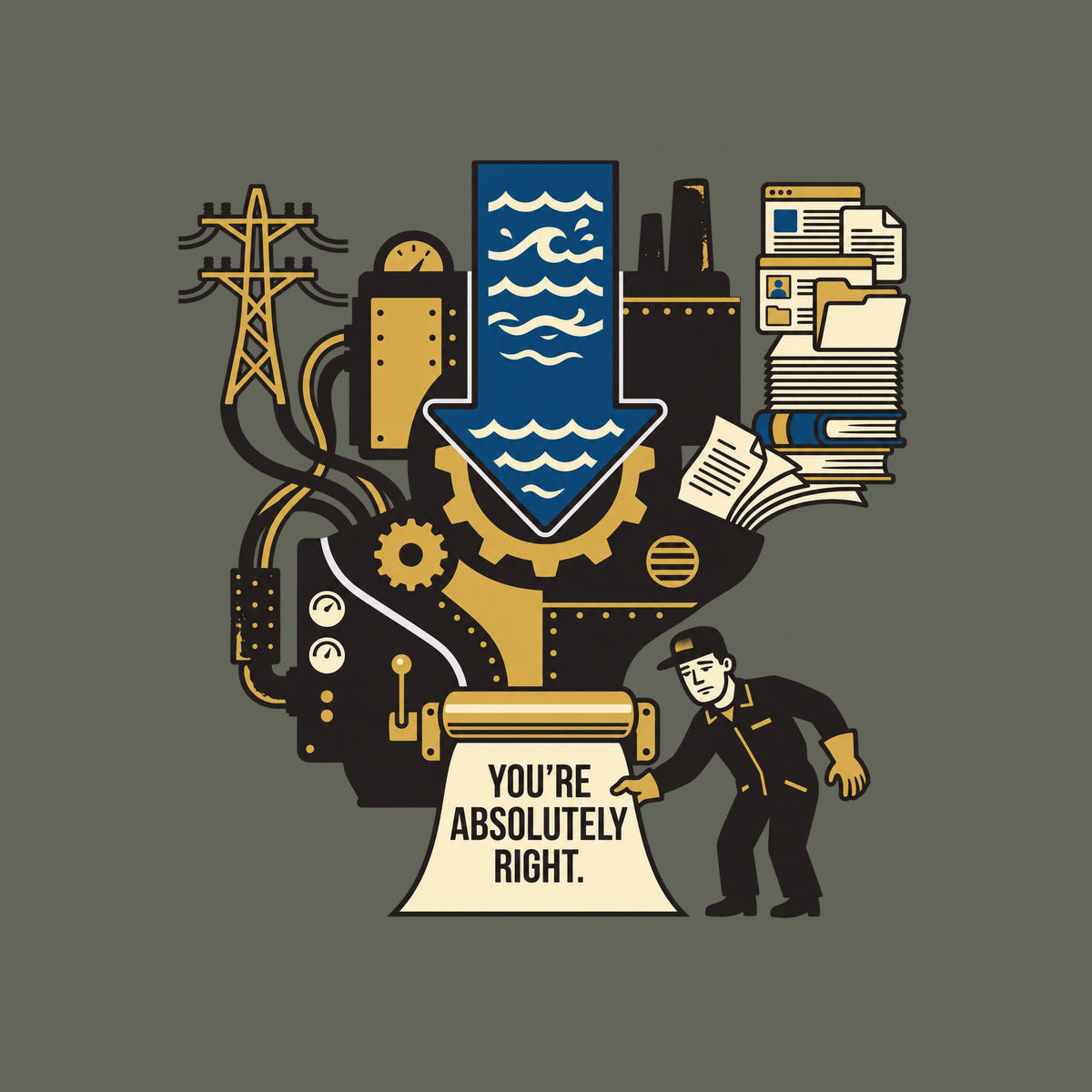 Illustration of a large industrial machine fed by power lines, a blue water-flow arrow and stacks of books and documents, with a worker reading a paper printed "YOU'RE ABSOLUTELY RIGHT." emerging from rollers at its base. Artwork shown on the Military Green garment colour.