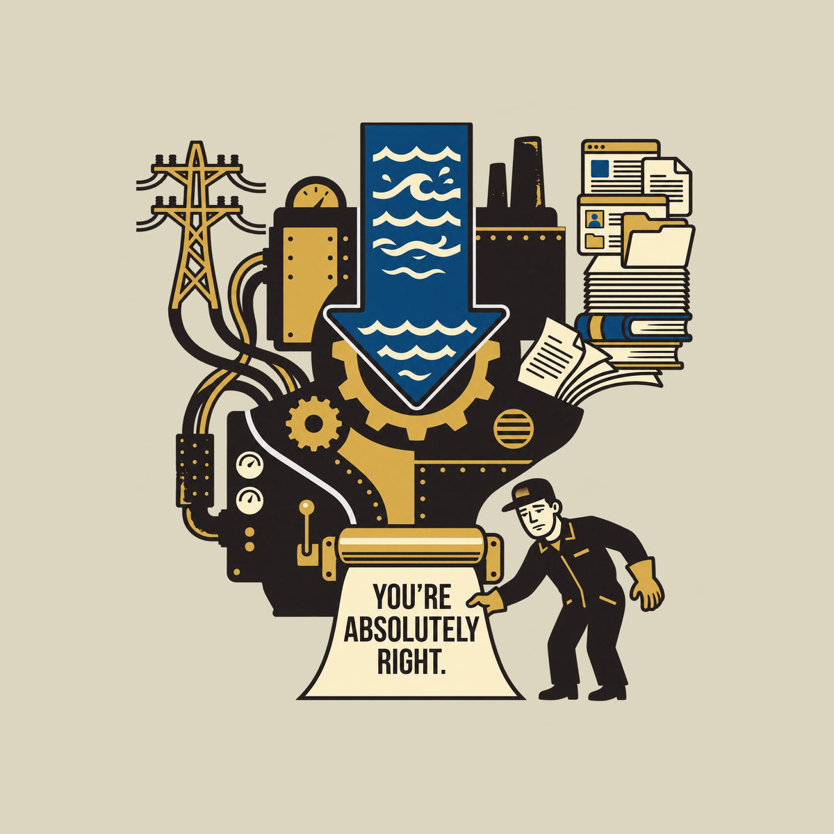 Illustration of a large industrial machine fed by power lines, a blue water-flow arrow and stacks of books and documents, with a worker reading a paper printed "YOU'RE ABSOLUTELY RIGHT." emerging from rollers at its base. Artwork shown on the Natural garment colour.