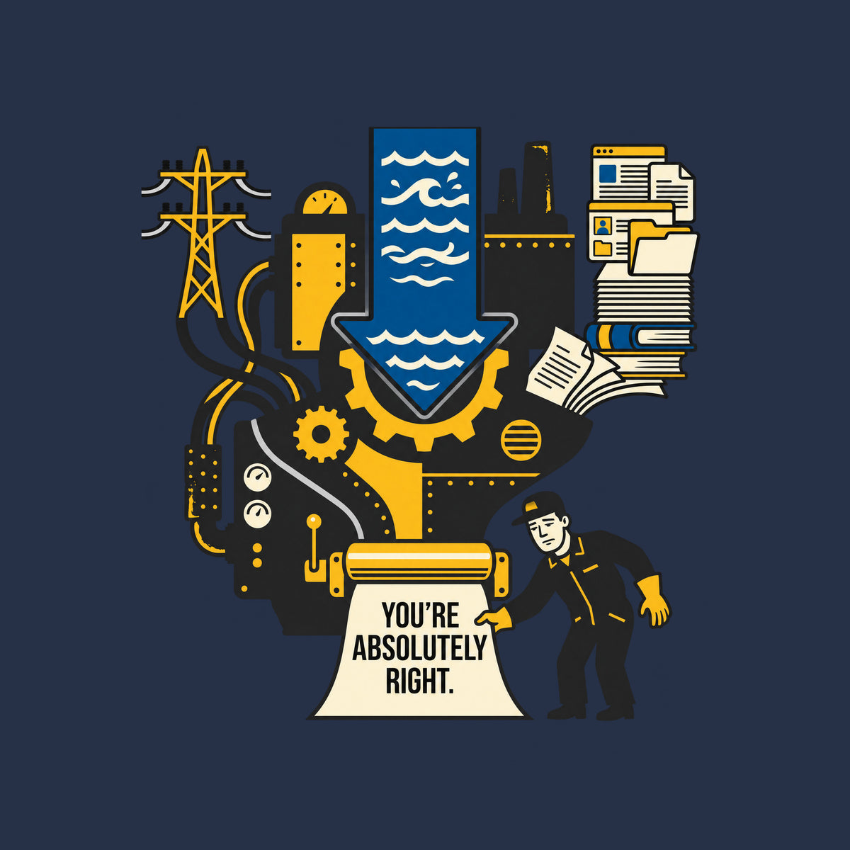 Illustration of a large industrial machine fed by power lines, a blue water-flow arrow and stacks of books and documents, with a worker reading a paper printed "YOU'RE ABSOLUTELY RIGHT." emerging from rollers at its base. Artwork shown on the Navy garment colour.