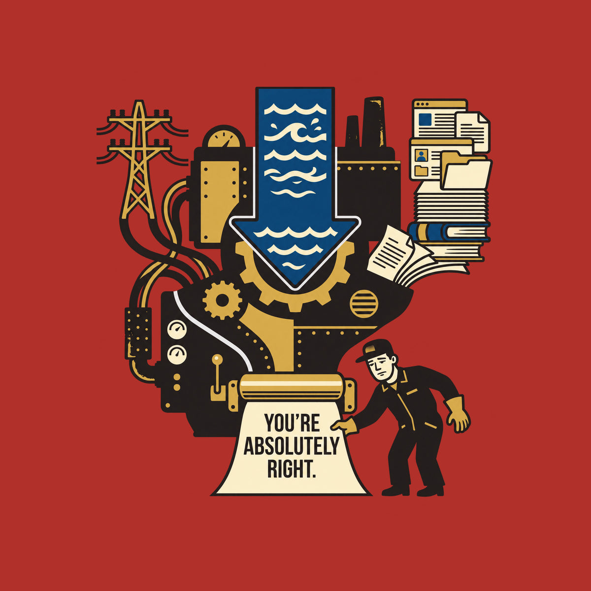Illustration of a large industrial machine fed by power lines, a blue water-flow arrow and stacks of books and documents, with a worker reading a paper printed "YOU'RE ABSOLUTELY RIGHT." emerging from rollers at its base. Artwork shown on the Red garment colour.