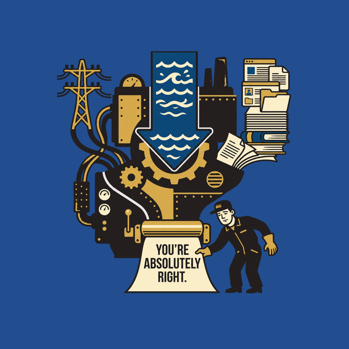 Illustration of a large industrial machine fed by power lines, a blue water-flow arrow and stacks of books and documents, with a worker reading a paper printed "YOU'RE ABSOLUTELY RIGHT." emerging from rollers at its base. Artwork shown on the Royal garment colour.