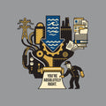 Illustration of a large industrial machine fed by power lines, a blue water-flow arrow and stacks of books and documents, with a worker reading a paper printed "YOU'RE ABSOLUTELY RIGHT." emerging from rollers at its base. Artwork shown on the Sport Grey garment colour.