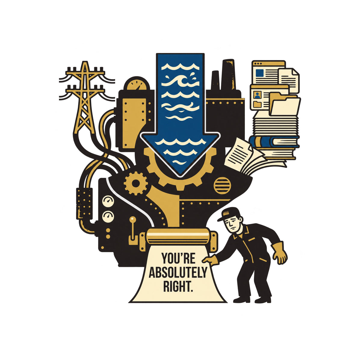 Illustration of a large industrial machine fed by power lines, a blue water-flow arrow and stacks of books and documents, with a worker reading a paper printed "YOU'RE ABSOLUTELY RIGHT." emerging from rollers at its base. Artwork shown on the White garment colour.