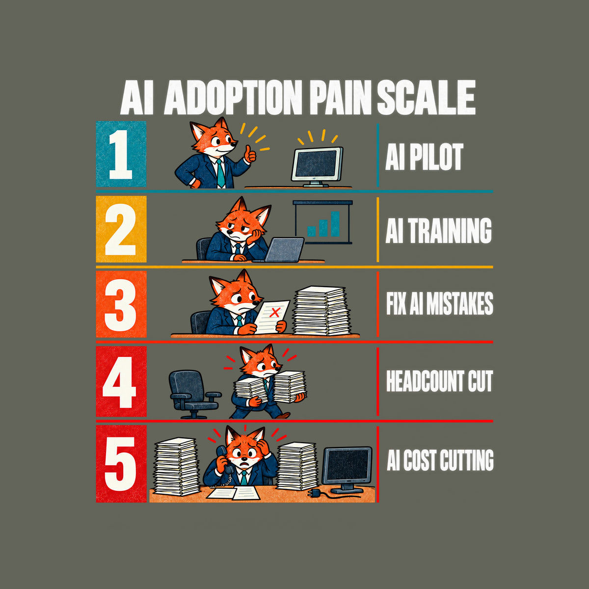 Editorial chart titled AI ADOPTION PAIN SCALE with five numbered rows, colors shifting teal to red, each showing the same orange fox office worker in a navy suit: 1 AI PILOT, 2 AI TRAINING, 3 FIX AI MISTAKES, 4 HEADCOUNT CUT, 5 AI COST CUTTING. Artwork shown on the Military Green garment colour.