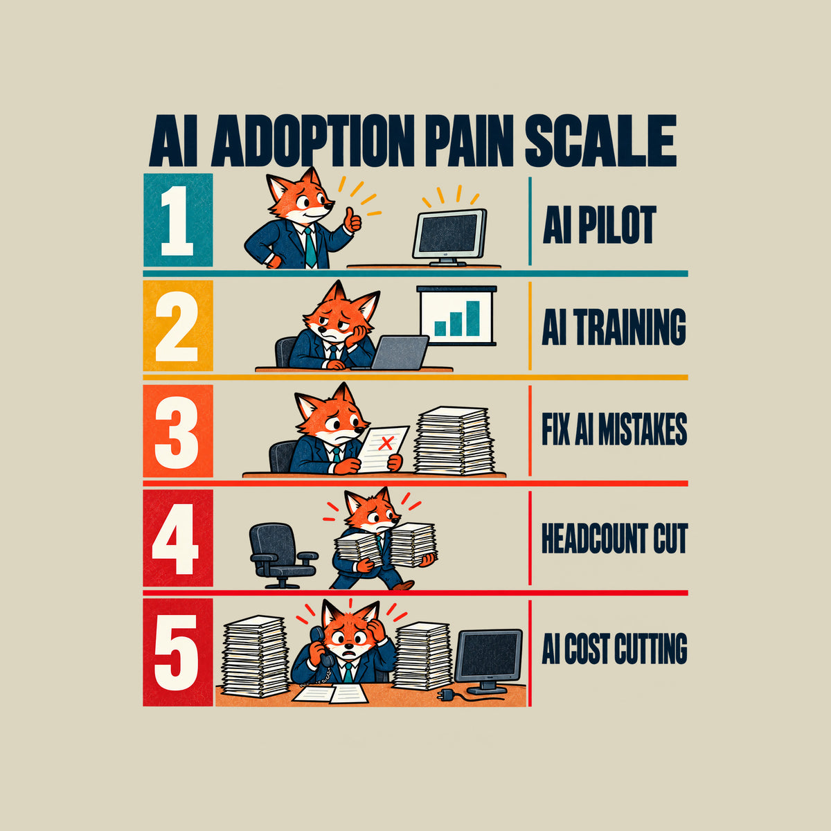 Editorial chart titled AI ADOPTION PAIN SCALE with five numbered rows, colors shifting teal to red, each showing the same orange fox office worker in a navy suit: 1 AI PILOT, 2 AI TRAINING, 3 FIX AI MISTAKES, 4 HEADCOUNT CUT, 5 AI COST CUTTING. Artwork shown on the Natural garment colour.
