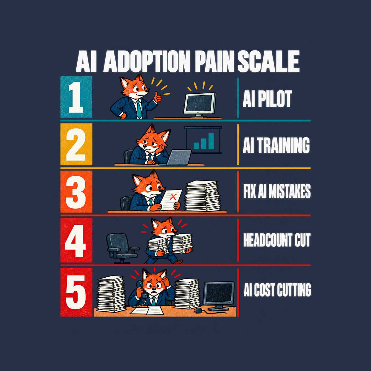 Editorial chart titled AI ADOPTION PAIN SCALE with five numbered rows, colors shifting teal to red, each showing the same orange fox office worker in a navy suit: 1 AI PILOT, 2 AI TRAINING, 3 FIX AI MISTAKES, 4 HEADCOUNT CUT, 5 AI COST CUTTING. Artwork shown on the Navy garment colour.