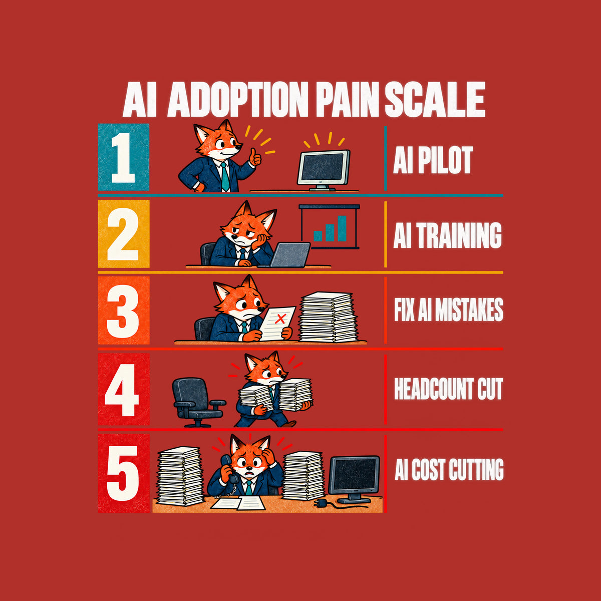 Editorial chart titled AI ADOPTION PAIN SCALE with five numbered rows, colors shifting teal to red, each showing the same orange fox office worker in a navy suit: 1 AI PILOT, 2 AI TRAINING, 3 FIX AI MISTAKES, 4 HEADCOUNT CUT, 5 AI COST CUTTING. Artwork shown on the Red garment colour.