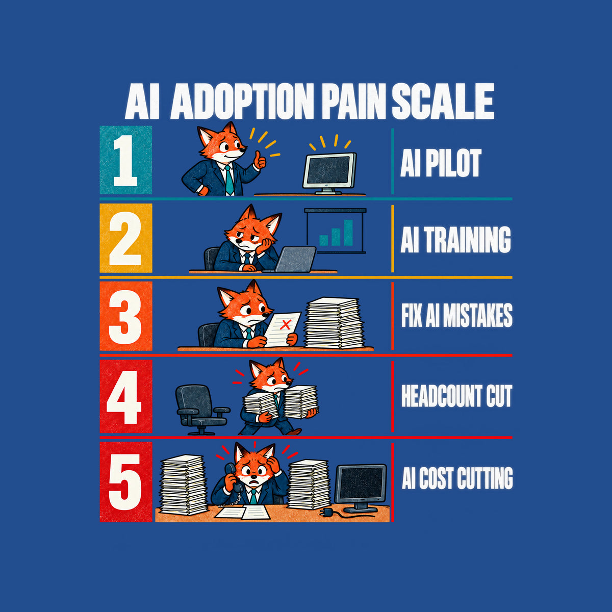 Editorial chart titled AI ADOPTION PAIN SCALE with five numbered rows, colors shifting teal to red, each showing the same orange fox office worker in a navy suit: 1 AI PILOT, 2 AI TRAINING, 3 FIX AI MISTAKES, 4 HEADCOUNT CUT, 5 AI COST CUTTING. Artwork shown on the Royal garment colour.
