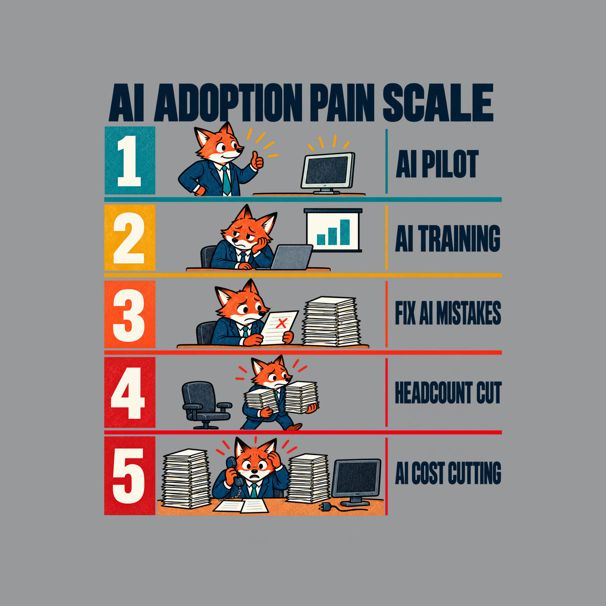 Editorial chart titled AI ADOPTION PAIN SCALE with five numbered rows, colors shifting teal to red, each showing the same orange fox office worker in a navy suit: 1 AI PILOT, 2 AI TRAINING, 3 FIX AI MISTAKES, 4 HEADCOUNT CUT, 5 AI COST CUTTING. Artwork shown on the Sport Grey garment colour.