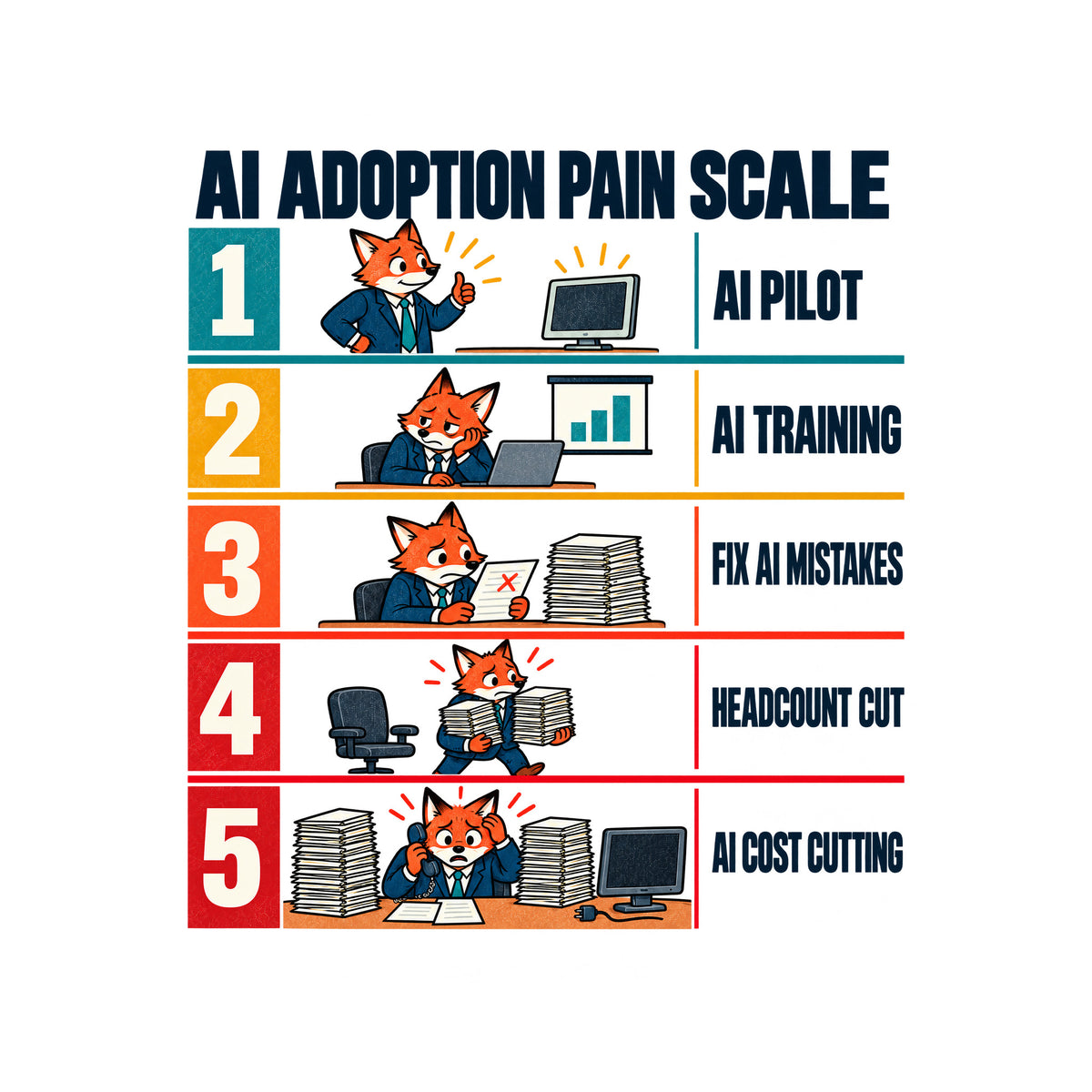 Editorial chart titled AI ADOPTION PAIN SCALE with five numbered rows, colors shifting teal to red, each showing the same orange fox office worker in a navy suit: 1 AI PILOT, 2 AI TRAINING, 3 FIX AI MISTAKES, 4 HEADCOUNT CUT, 5 AI COST CUTTING. Artwork shown on the White garment colour.