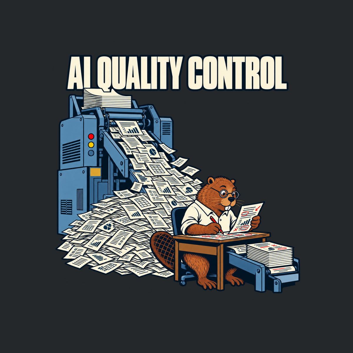 Dark navy artwork: cream letters read 'AI QUALITY CONTROL' above a blue-grey machine spewing charted, checkboxed pages into a pile. A bespectacled beaver in a white shirt reviews a red-marked page at a desk, red pencil in hand. Artwork shown on the Black garment colour.