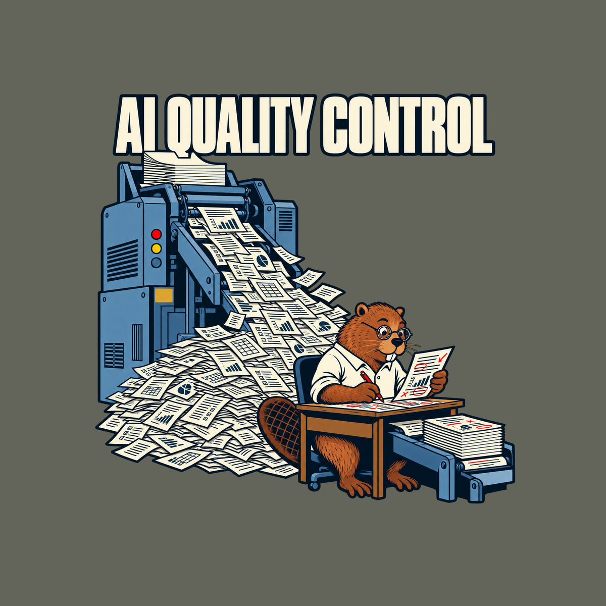 Dark navy artwork: cream letters read 'AI QUALITY CONTROL' above a blue-grey machine spewing charted, checkboxed pages into a pile. A bespectacled beaver in a white shirt reviews a red-marked page at a desk, red pencil in hand. Artwork shown on the Military Green garment colour.