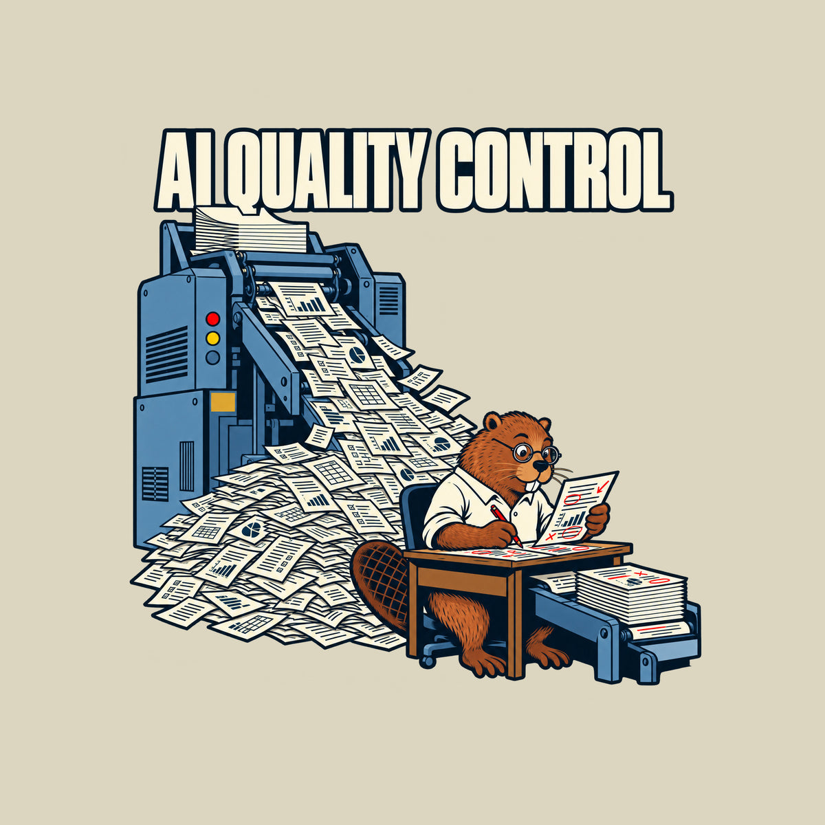 Dark navy artwork: cream letters read 'AI QUALITY CONTROL' above a blue-grey machine spewing charted, checkboxed pages into a pile. A bespectacled beaver in a white shirt reviews a red-marked page at a desk, red pencil in hand. Artwork shown on the Natural garment colour.