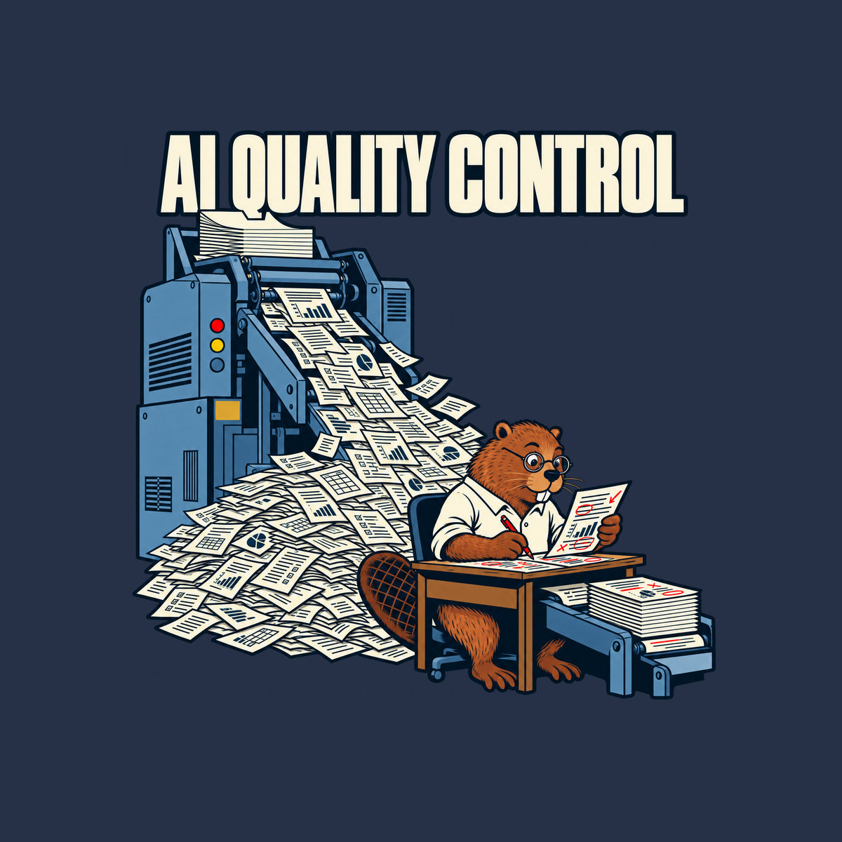 Dark navy artwork: cream letters read 'AI QUALITY CONTROL' above a blue-grey machine spewing charted, checkboxed pages into a pile. A bespectacled beaver in a white shirt reviews a red-marked page at a desk, red pencil in hand. Artwork shown on the Navy garment colour.