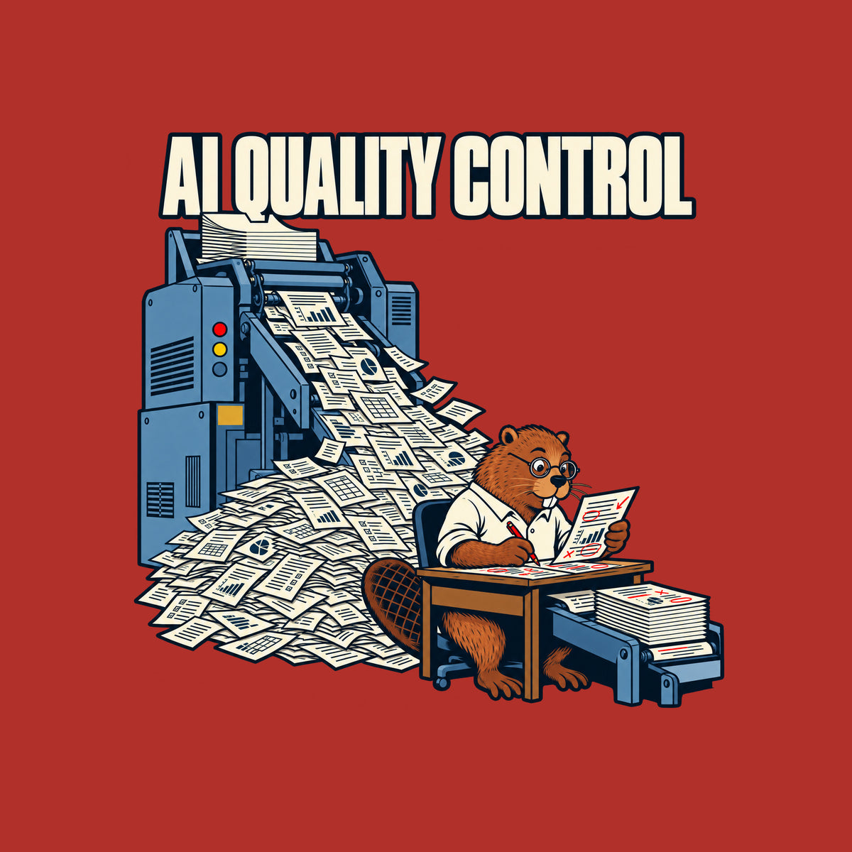 Dark navy artwork: cream letters read 'AI QUALITY CONTROL' above a blue-grey machine spewing charted, checkboxed pages into a pile. A bespectacled beaver in a white shirt reviews a red-marked page at a desk, red pencil in hand. Artwork shown on the Red garment colour.