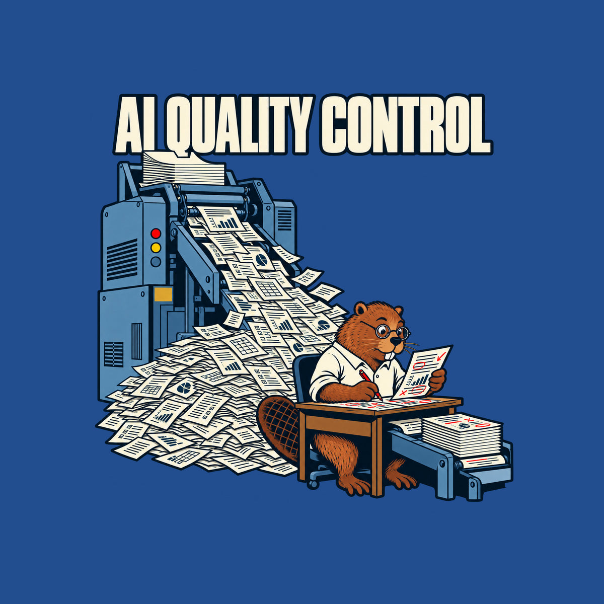 Dark navy artwork: cream letters read 'AI QUALITY CONTROL' above a blue-grey machine spewing charted, checkboxed pages into a pile. A bespectacled beaver in a white shirt reviews a red-marked page at a desk, red pencil in hand. Artwork shown on the Royal garment colour.