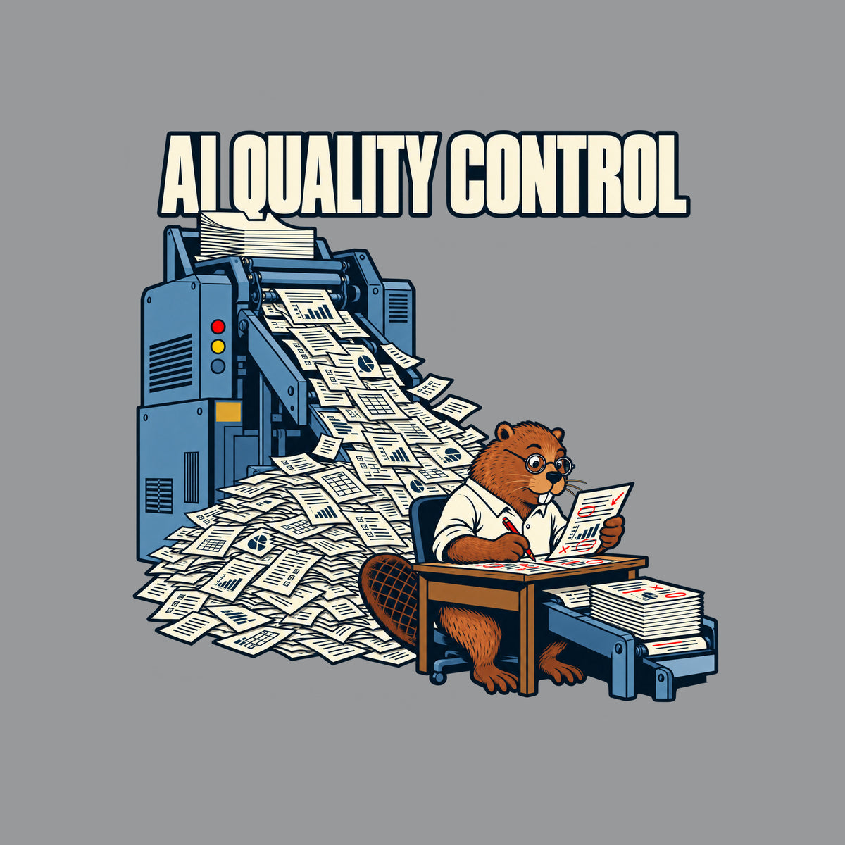 Dark navy artwork: cream letters read 'AI QUALITY CONTROL' above a blue-grey machine spewing charted, checkboxed pages into a pile. A bespectacled beaver in a white shirt reviews a red-marked page at a desk, red pencil in hand. Artwork shown on the Sport Grey garment colour.