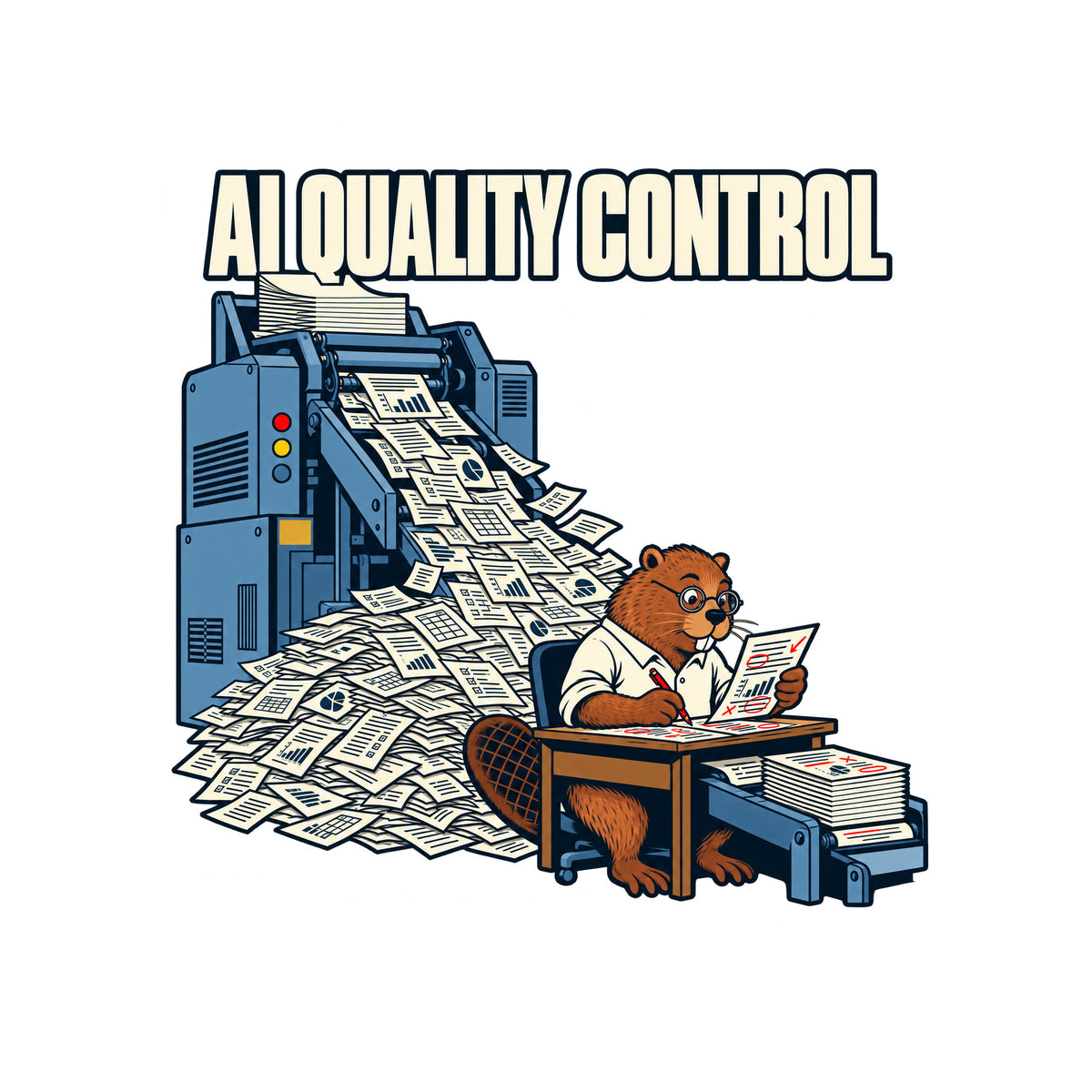 Dark navy artwork: cream letters read 'AI QUALITY CONTROL' above a blue-grey machine spewing charted, checkboxed pages into a pile. A bespectacled beaver in a white shirt reviews a red-marked page at a desk, red pencil in hand. Artwork shown on the White garment colour.