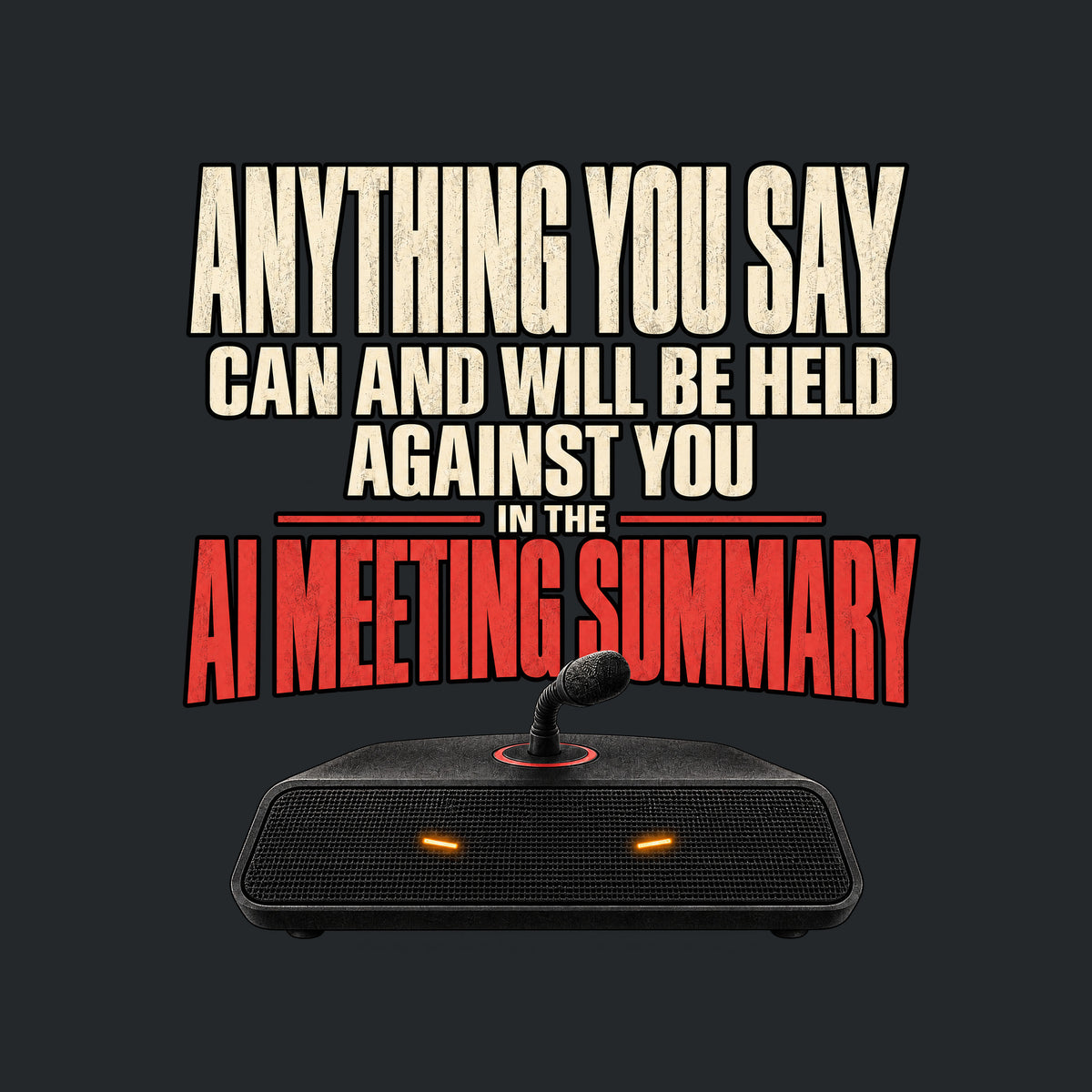 Black tee art on dark background: bold text reads ANYTHING YOU SAY CAN AND WILL BE HELD AGAINST YOU IN THE AI MEETING SUMMARY, the last line in red, above a black tabletop speaker with two amber lights and a microphone stem ringed in red. Artwork shown on the Black garment colour.