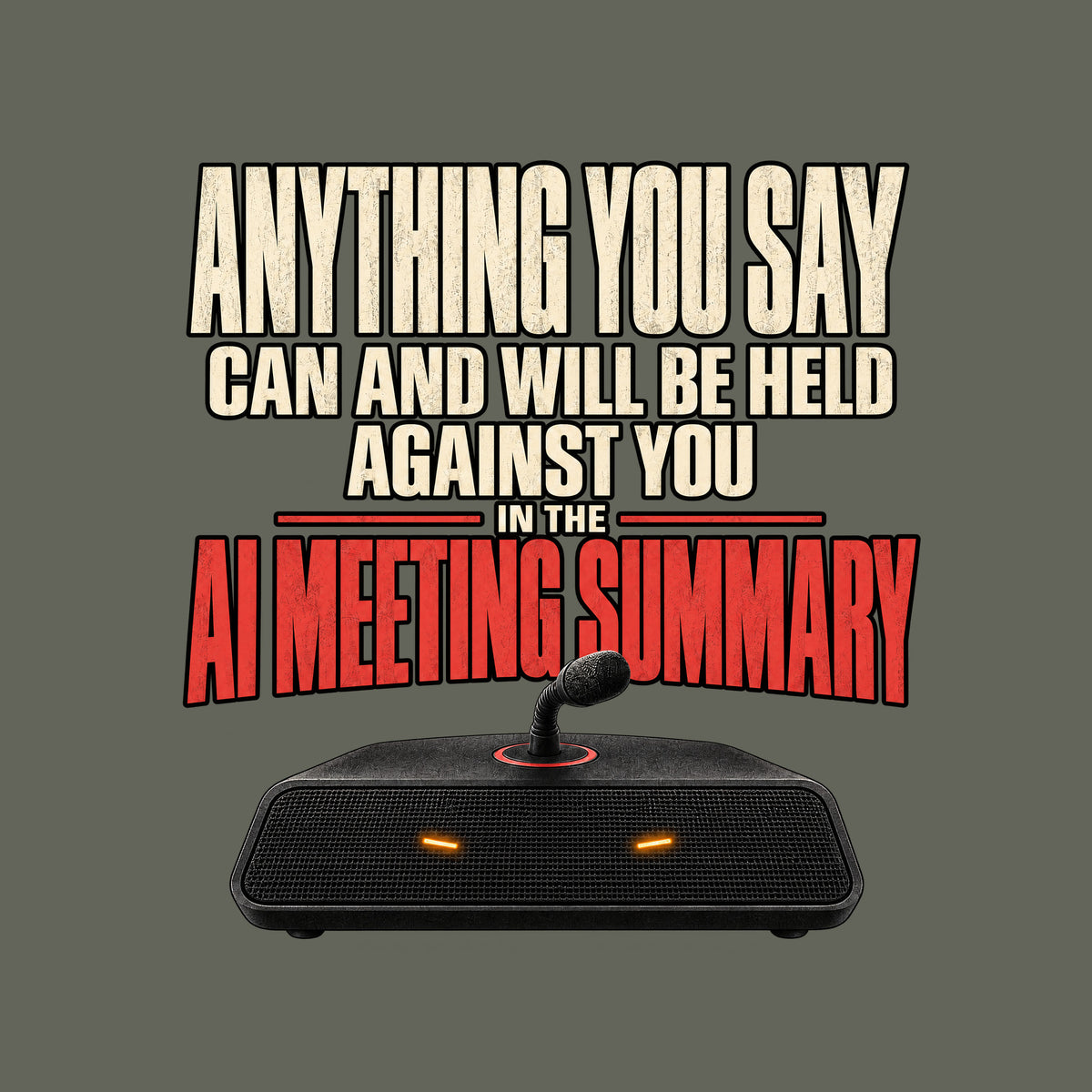 Black tee art on dark background: bold text reads ANYTHING YOU SAY CAN AND WILL BE HELD AGAINST YOU IN THE AI MEETING SUMMARY, the last line in red, above a black tabletop speaker with two amber lights and a microphone stem ringed in red. Artwork shown on the Military Green garment colour.