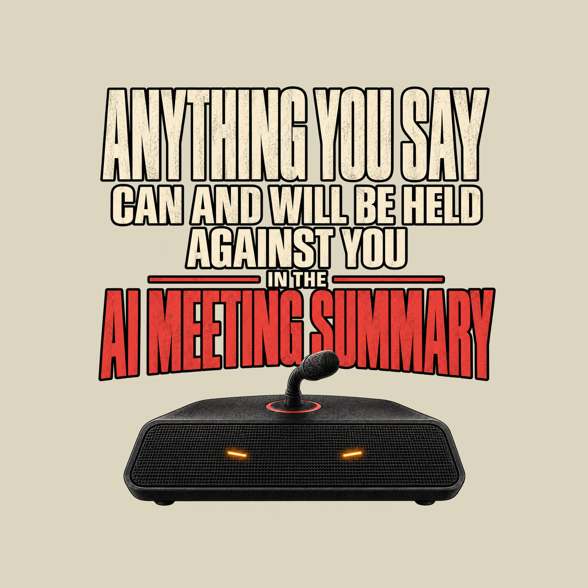 Black tee art on dark background: bold text reads ANYTHING YOU SAY CAN AND WILL BE HELD AGAINST YOU IN THE AI MEETING SUMMARY, the last line in red, above a black tabletop speaker with two amber lights and a microphone stem ringed in red. Artwork shown on the Natural garment colour.