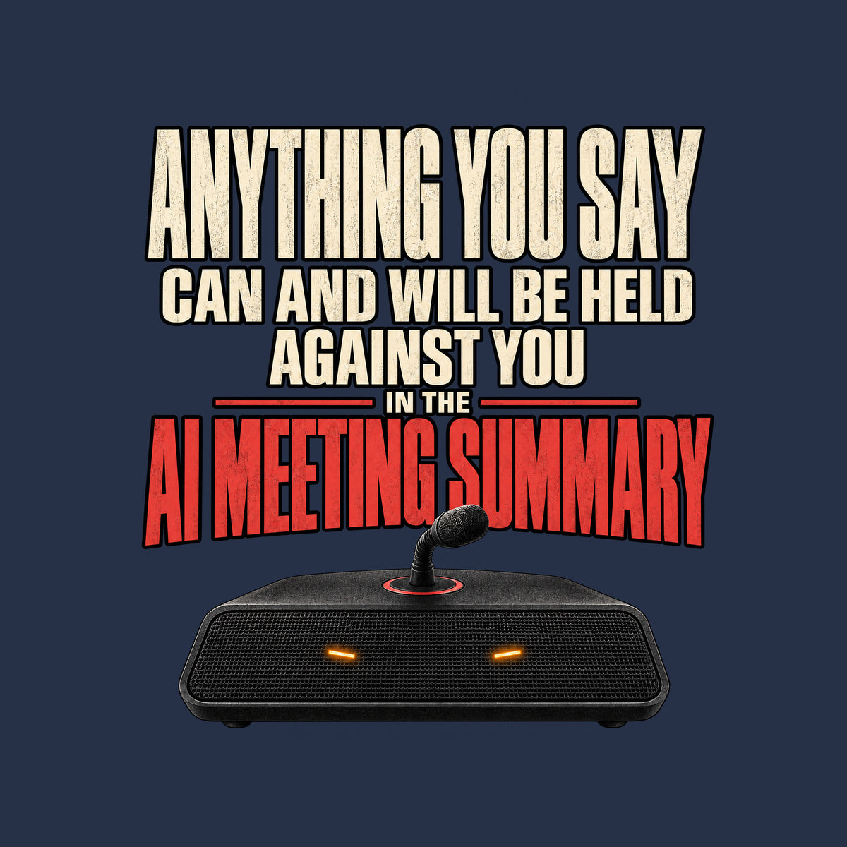 Black tee art on dark background: bold text reads ANYTHING YOU SAY CAN AND WILL BE HELD AGAINST YOU IN THE AI MEETING SUMMARY, the last line in red, above a black tabletop speaker with two amber lights and a microphone stem ringed in red. Artwork shown on the Navy garment colour.