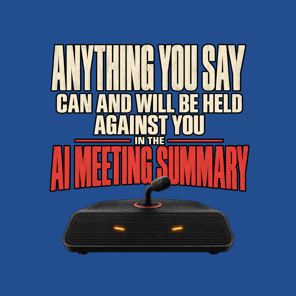 Black tee art on dark background: bold text reads ANYTHING YOU SAY CAN AND WILL BE HELD AGAINST YOU IN THE AI MEETING SUMMARY, the last line in red, above a black tabletop speaker with two amber lights and a microphone stem ringed in red. Artwork shown on the Royal garment colour.