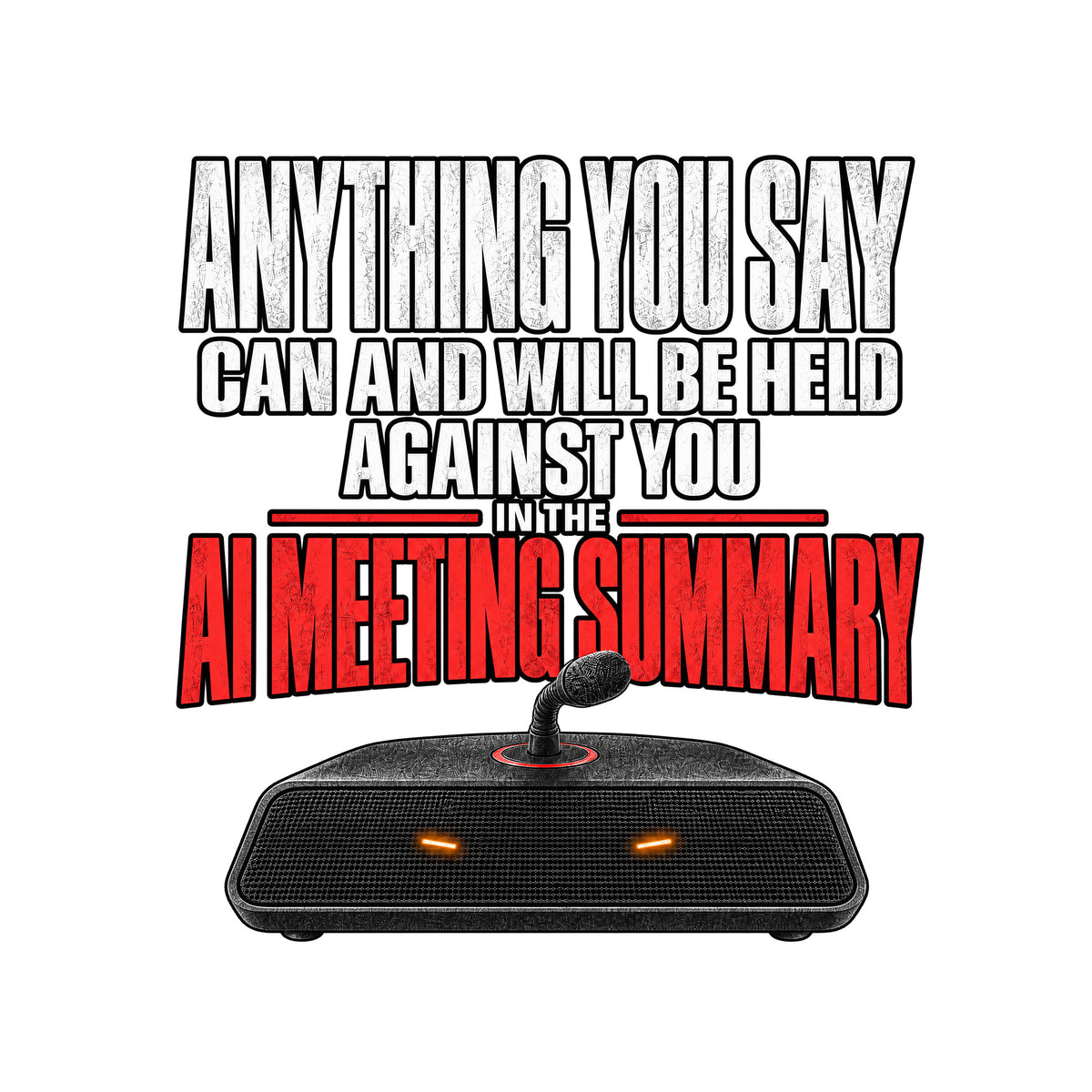 Black tee art on dark background: bold text reads ANYTHING YOU SAY CAN AND WILL BE HELD AGAINST YOU IN THE AI MEETING SUMMARY, the last line in red, above a black tabletop speaker with two amber lights and a microphone stem ringed in red. Artwork shown on the White garment colour.