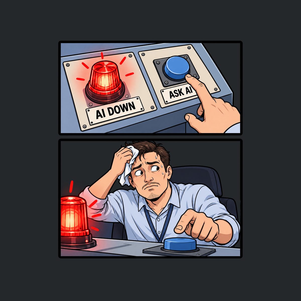 Two-panel comic: a red beacon labeled AI DOWN beside a blue button labeled ASK AI with a finger hovering over it, then a sweating man in a business shirt wiping his brow while glancing at the alarm, hand still reaching for the button. Artwork shown on the Black garment colour.