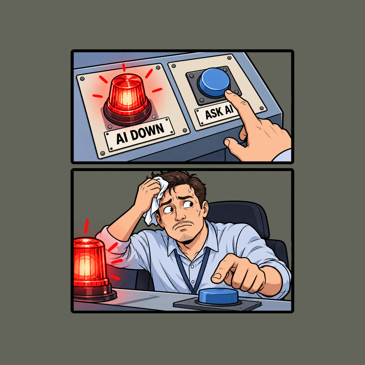 Two-panel comic: a red beacon labeled AI DOWN beside a blue button labeled ASK AI with a finger hovering over it, then a sweating man in a business shirt wiping his brow while glancing at the alarm, hand still reaching for the button. Artwork shown on the Military Green garment colour.