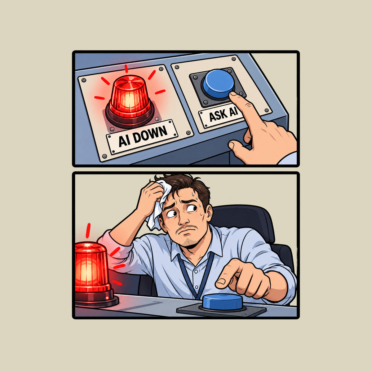 Two-panel comic: a red beacon labeled AI DOWN beside a blue button labeled ASK AI with a finger hovering over it, then a sweating man in a business shirt wiping his brow while glancing at the alarm, hand still reaching for the button. Artwork shown on the Natural garment colour.