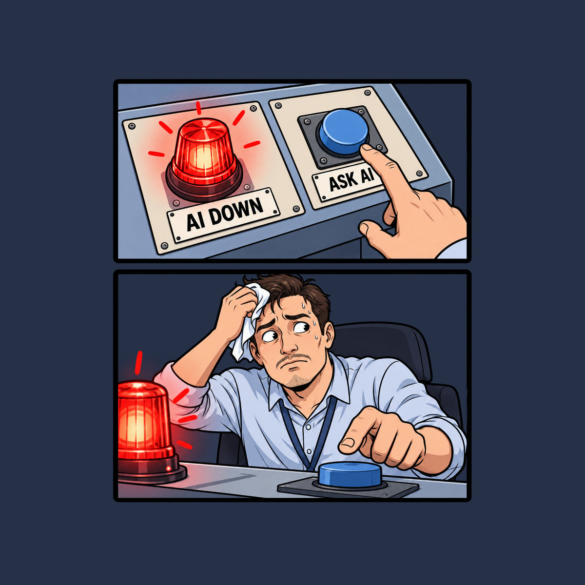 Two-panel comic: a red beacon labeled AI DOWN beside a blue button labeled ASK AI with a finger hovering over it, then a sweating man in a business shirt wiping his brow while glancing at the alarm, hand still reaching for the button. Artwork shown on the Navy garment colour.