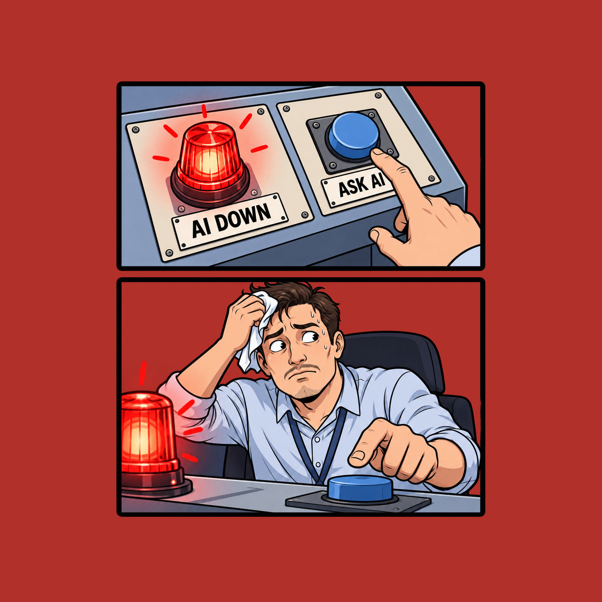 Two-panel comic: a red beacon labeled AI DOWN beside a blue button labeled ASK AI with a finger hovering over it, then a sweating man in a business shirt wiping his brow while glancing at the alarm, hand still reaching for the button. Artwork shown on the Red garment colour.