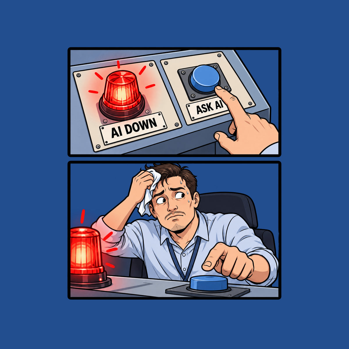 Two-panel comic: a red beacon labeled AI DOWN beside a blue button labeled ASK AI with a finger hovering over it, then a sweating man in a business shirt wiping his brow while glancing at the alarm, hand still reaching for the button. Artwork shown on the Royal garment colour.