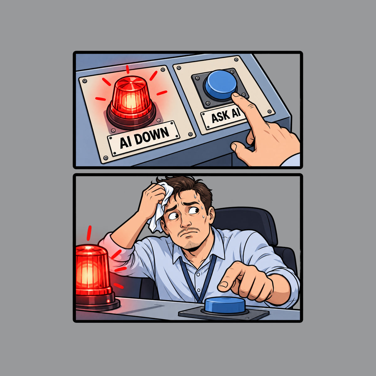 Two-panel comic: a red beacon labeled AI DOWN beside a blue button labeled ASK AI with a finger hovering over it, then a sweating man in a business shirt wiping his brow while glancing at the alarm, hand still reaching for the button. Artwork shown on the Sport Grey garment colour.