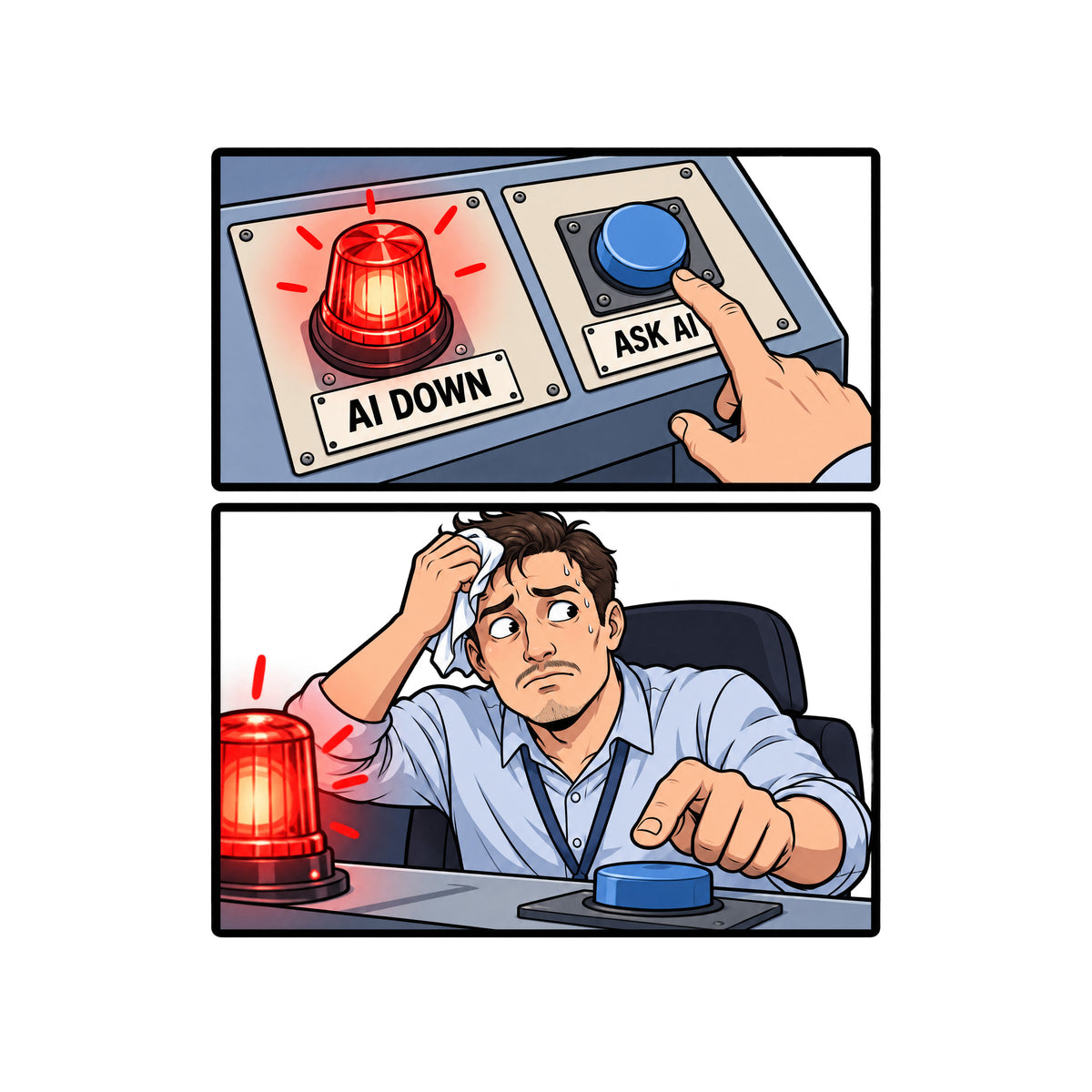 Two-panel comic: a red beacon labeled AI DOWN beside a blue button labeled ASK AI with a finger hovering over it, then a sweating man in a business shirt wiping his brow while glancing at the alarm, hand still reaching for the button. Artwork shown on the White garment colour.