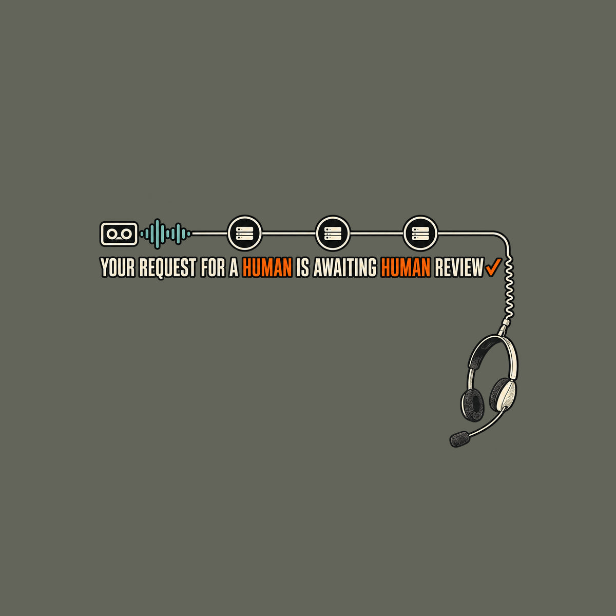 Dark tee graphic: a voicemail cassette with teal waveform connects through three queue nodes to a corded headset dangling below. Cream text reads YOUR REQUEST FOR A HUMAN IS AWAITING HUMAN REVIEW, HUMAN in orange twice, orange checkmark after REVIEW. Artwork shown on the Military Green garment colour.