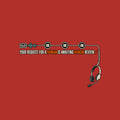 Dark tee graphic: a voicemail cassette with teal waveform connects through three queue nodes to a corded headset dangling below. Cream text reads YOUR REQUEST FOR A HUMAN IS AWAITING HUMAN REVIEW, HUMAN in orange twice, orange checkmark after REVIEW. Artwork shown on the Red garment colour.