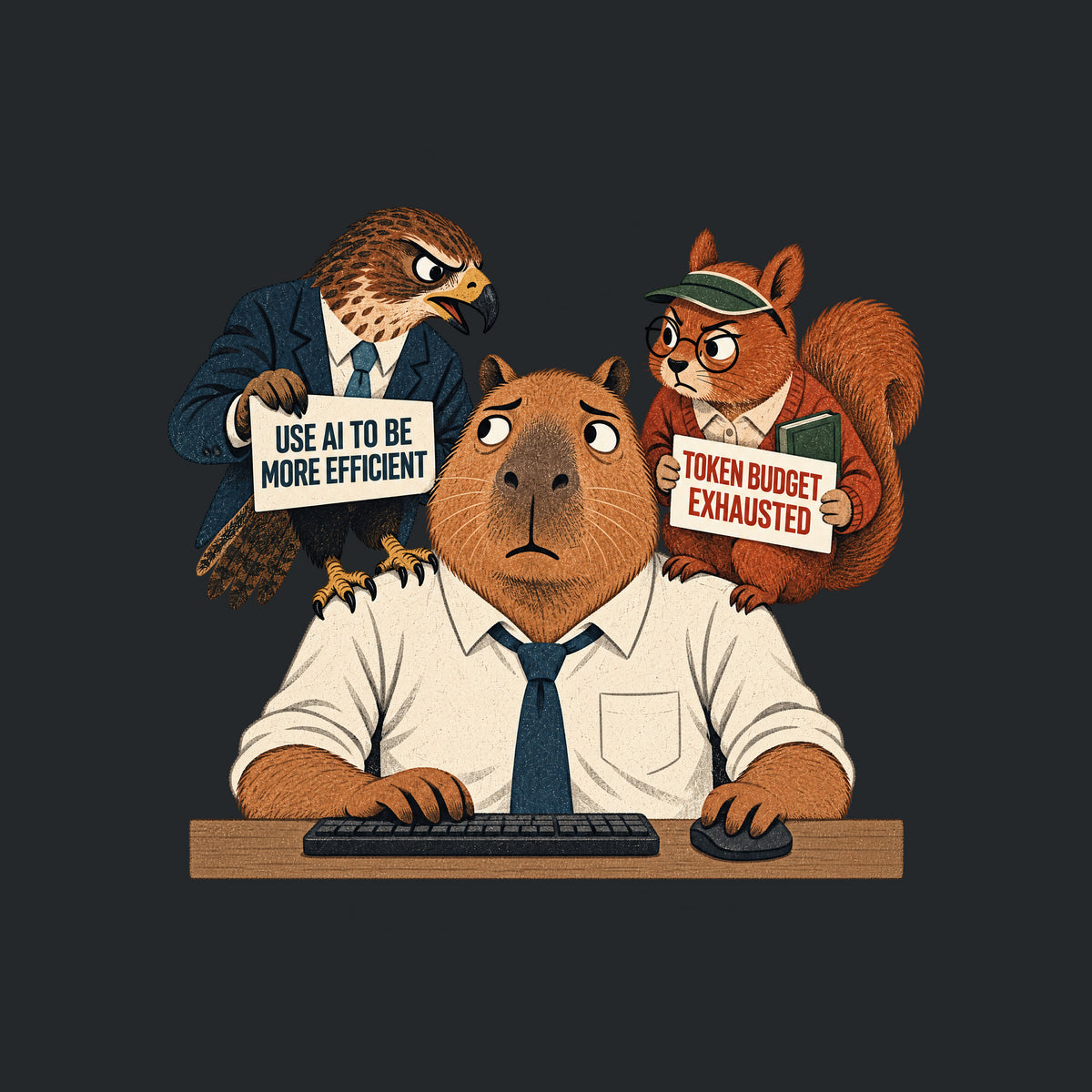 Illustration of an anthropomorphic capybara at a keyboard. A suited hawk on its left shoulder holds a sign reading USE AI TO BE MORE EFFICIENT; a squirrel in glasses on its right shoulder holds a sign reading TOKEN BUDGET EXHAUSTED. Artwork shown on the Black garment colour.