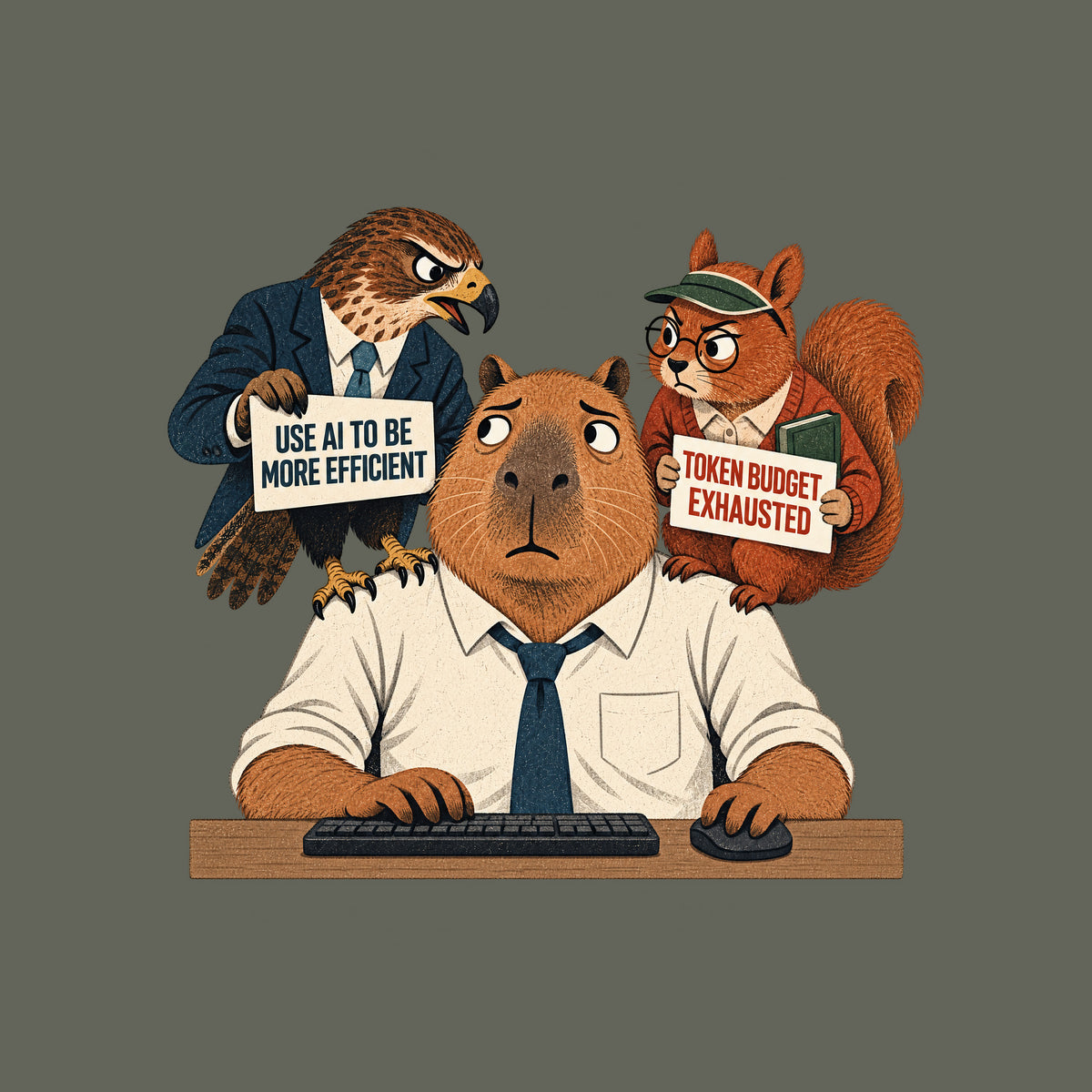 Illustration of an anthropomorphic capybara at a keyboard. A suited hawk on its left shoulder holds a sign reading USE AI TO BE MORE EFFICIENT; a squirrel in glasses on its right shoulder holds a sign reading TOKEN BUDGET EXHAUSTED. Artwork shown on the Military Green garment colour.