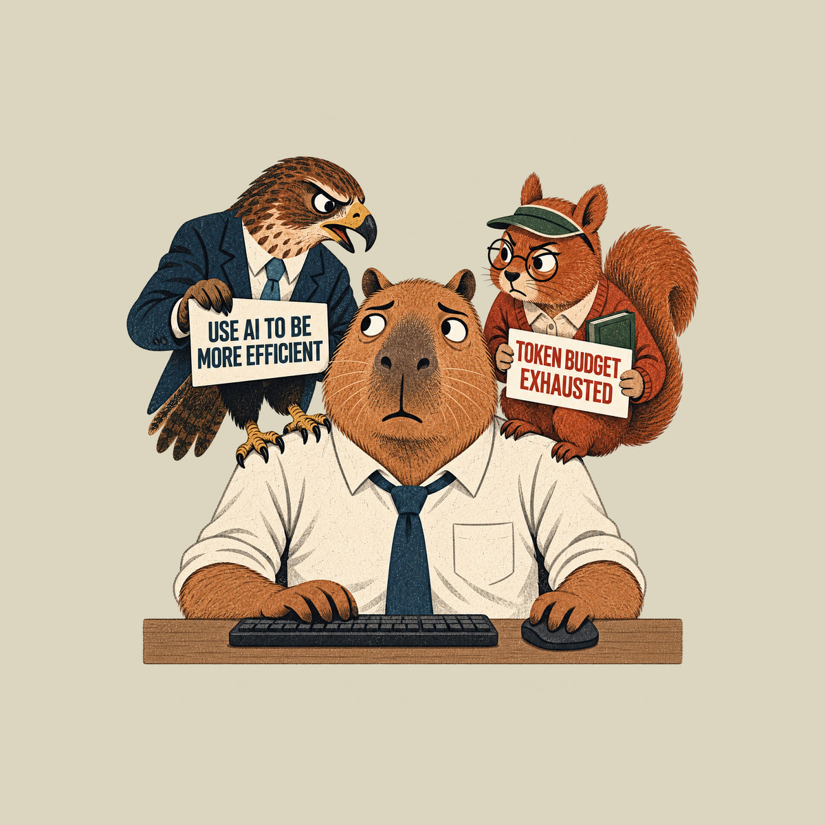 Illustration of an anthropomorphic capybara at a keyboard. A suited hawk on its left shoulder holds a sign reading USE AI TO BE MORE EFFICIENT; a squirrel in glasses on its right shoulder holds a sign reading TOKEN BUDGET EXHAUSTED. Artwork shown on the Natural garment colour.