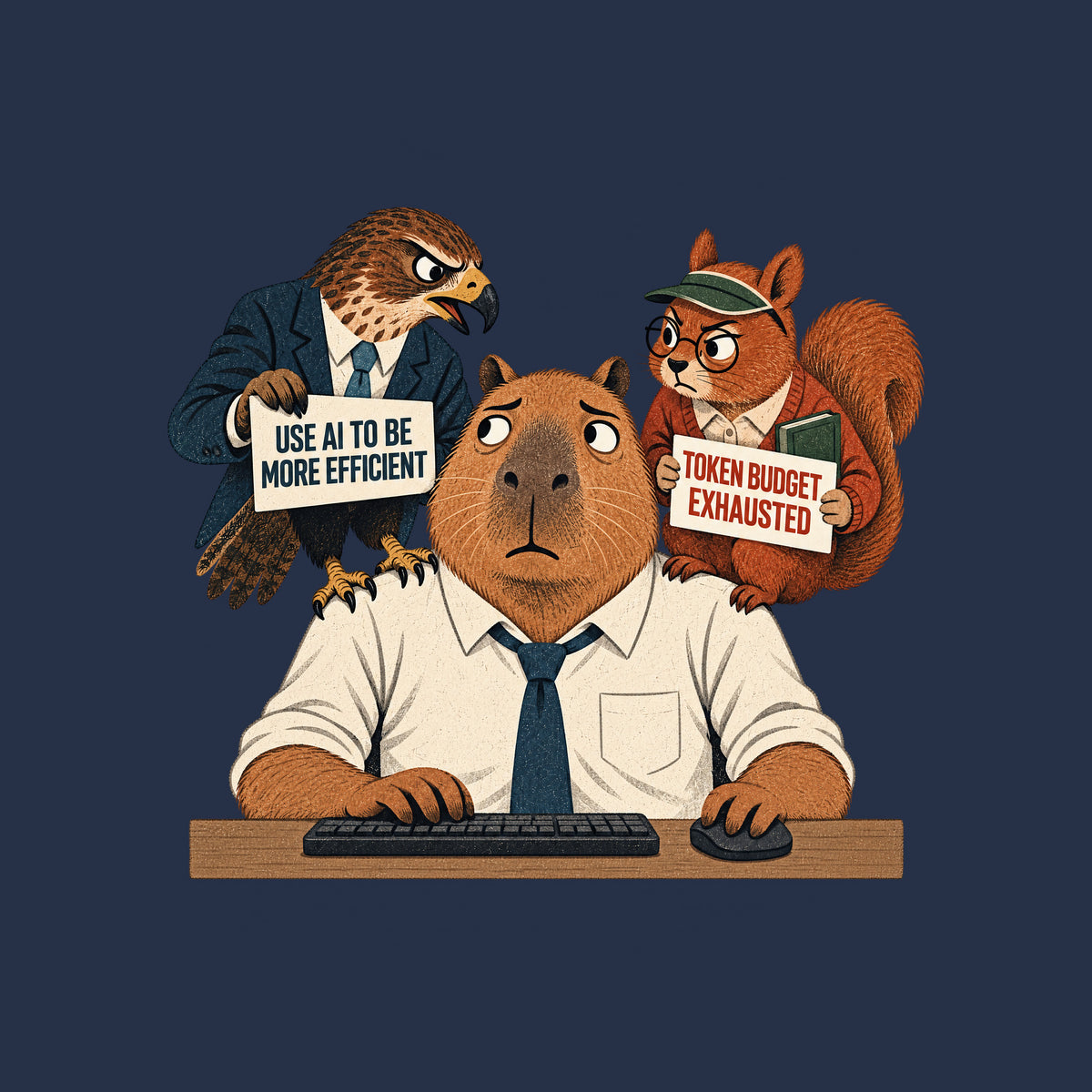 Illustration of an anthropomorphic capybara at a keyboard. A suited hawk on its left shoulder holds a sign reading USE AI TO BE MORE EFFICIENT; a squirrel in glasses on its right shoulder holds a sign reading TOKEN BUDGET EXHAUSTED. Artwork shown on the Navy garment colour.