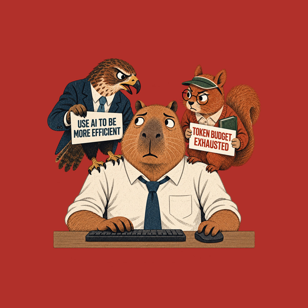 Illustration of an anthropomorphic capybara at a keyboard. A suited hawk on its left shoulder holds a sign reading USE AI TO BE MORE EFFICIENT; a squirrel in glasses on its right shoulder holds a sign reading TOKEN BUDGET EXHAUSTED. Artwork shown on the Red garment colour.