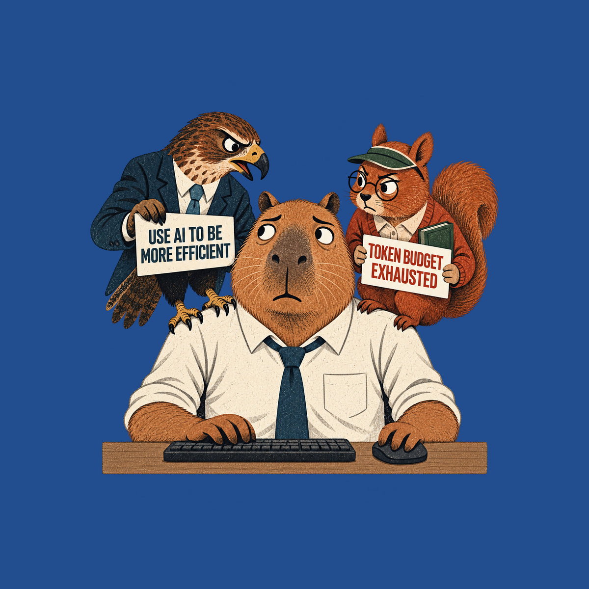 Illustration of an anthropomorphic capybara at a keyboard. A suited hawk on its left shoulder holds a sign reading USE AI TO BE MORE EFFICIENT; a squirrel in glasses on its right shoulder holds a sign reading TOKEN BUDGET EXHAUSTED. Artwork shown on the Royal garment colour.