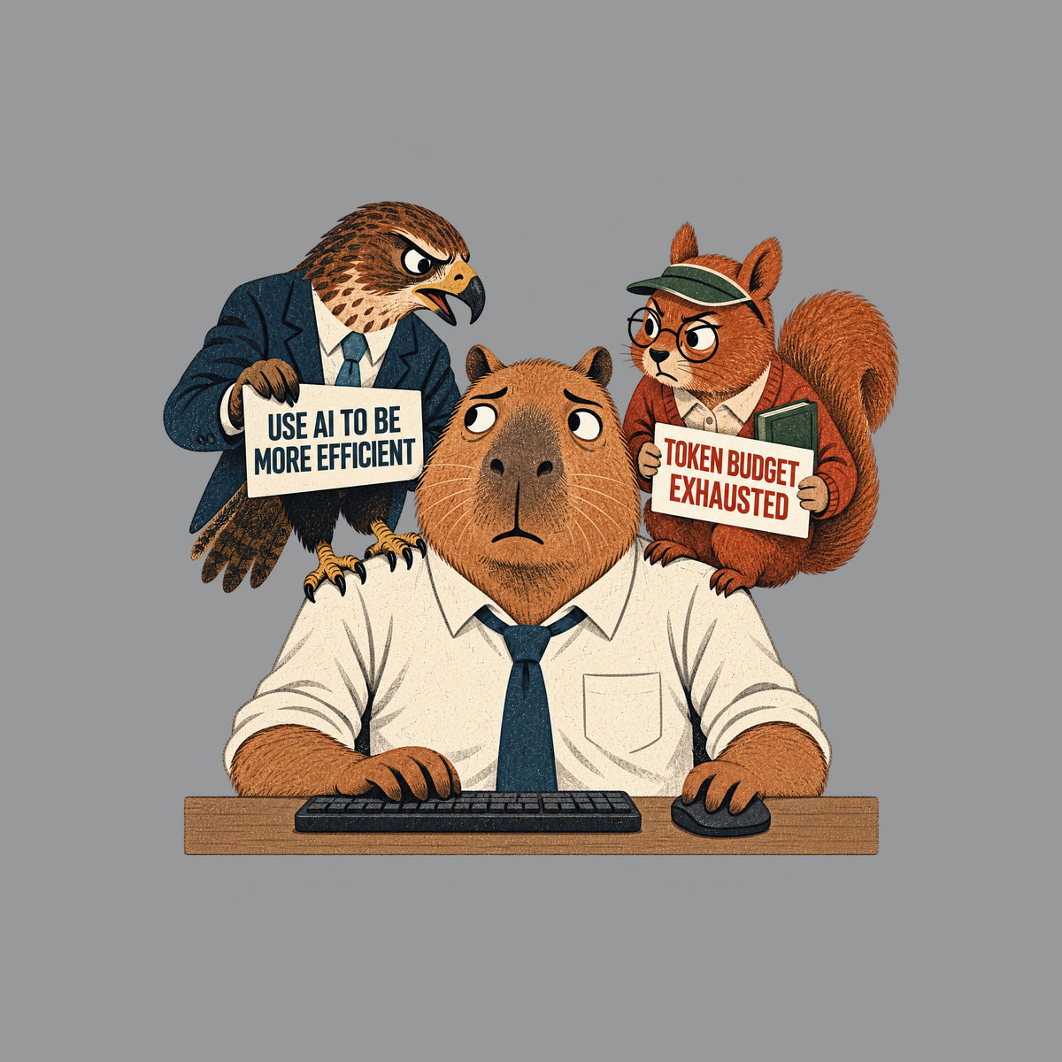 Illustration of an anthropomorphic capybara at a keyboard. A suited hawk on its left shoulder holds a sign reading USE AI TO BE MORE EFFICIENT; a squirrel in glasses on its right shoulder holds a sign reading TOKEN BUDGET EXHAUSTED. Artwork shown on the Sport Grey garment colour.