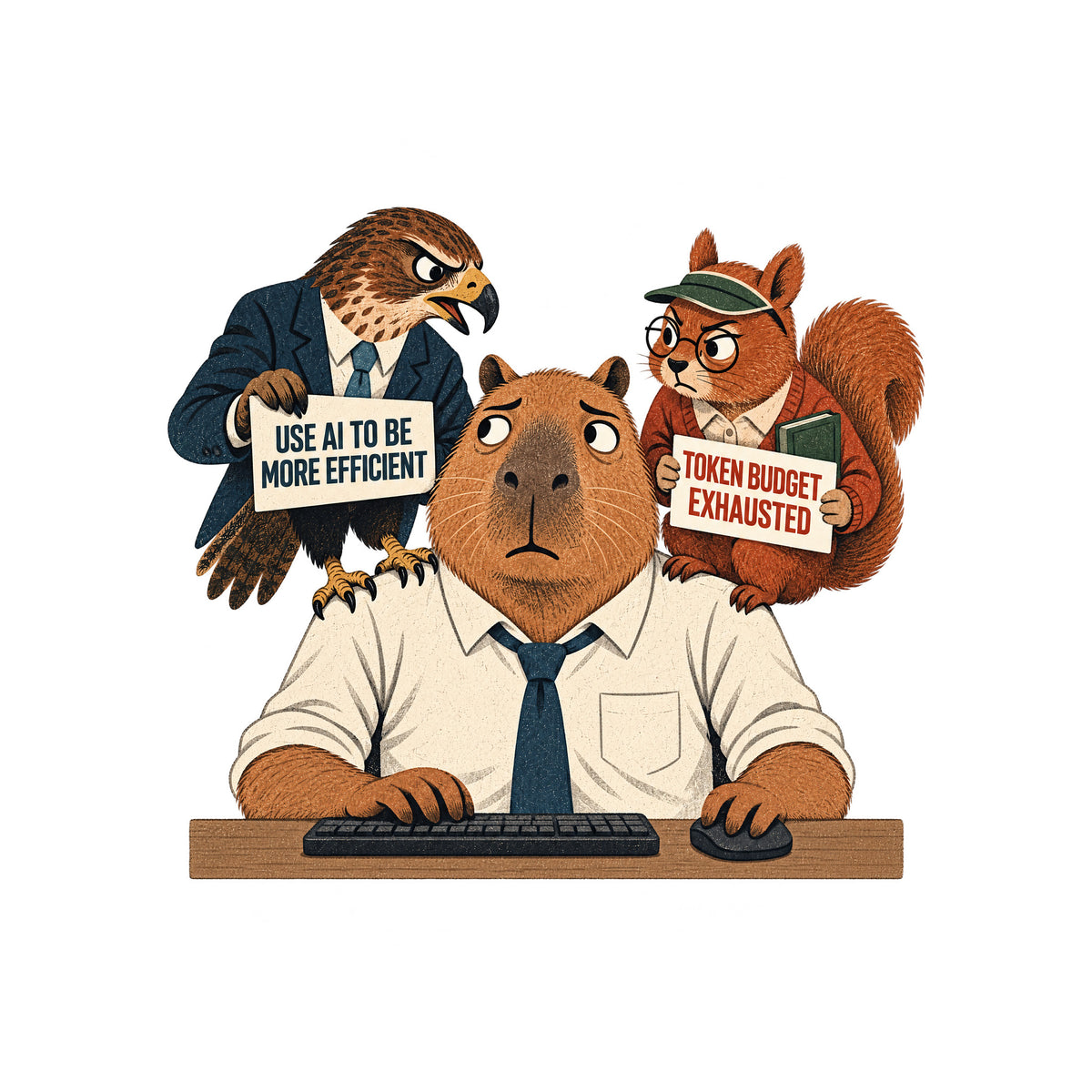 Illustration of an anthropomorphic capybara at a keyboard. A suited hawk on its left shoulder holds a sign reading USE AI TO BE MORE EFFICIENT; a squirrel in glasses on its right shoulder holds a sign reading TOKEN BUDGET EXHAUSTED. Artwork shown on the White garment colour.