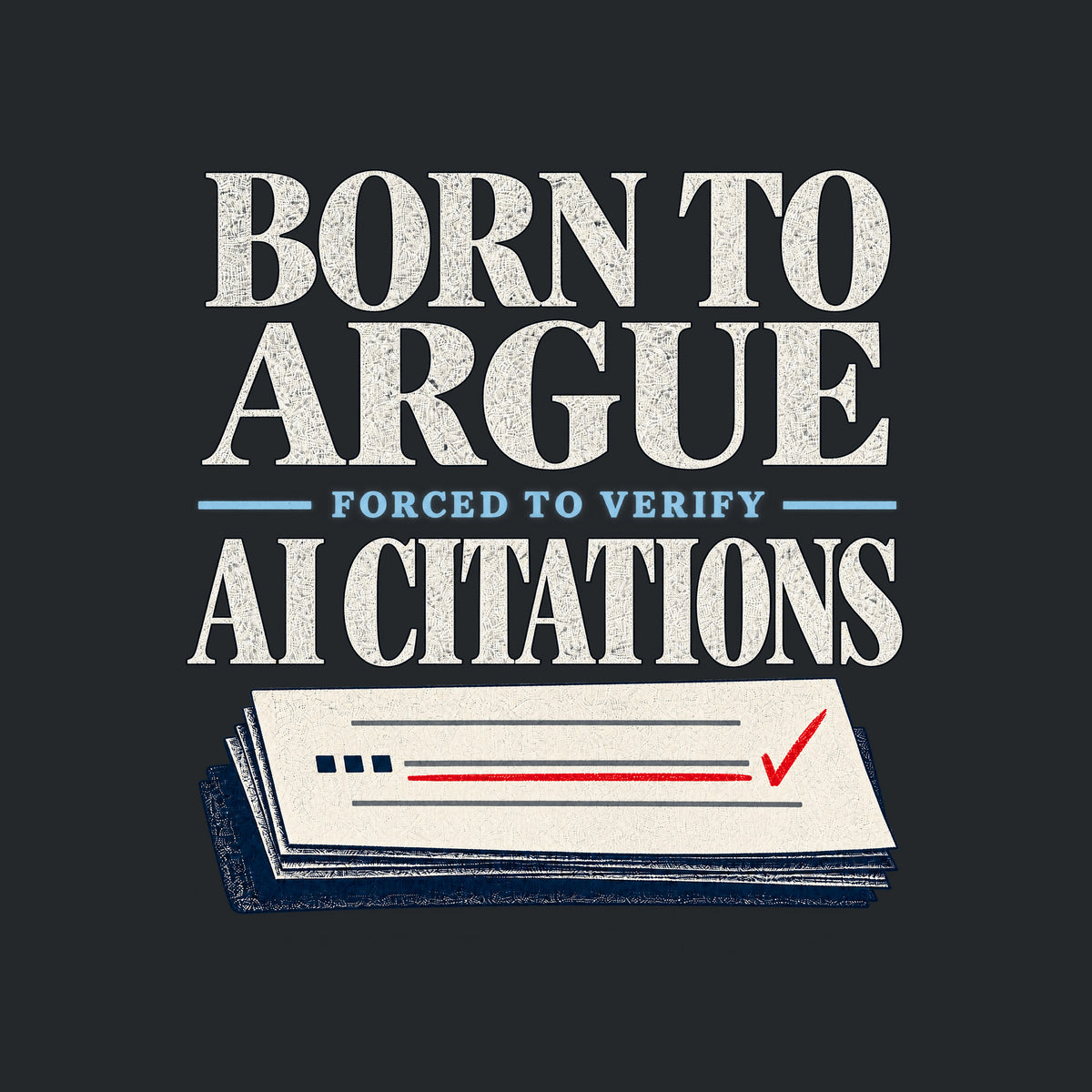 Black serif text reads BORN TO ARGUE, then AI CITATIONS, with FORCED TO VERIFY smaller in navy between them, above a cream brief page with grey citation rules, navy square marks, a red-underlined line, and a red checkmark. Artwork shown on the Black garment colour.