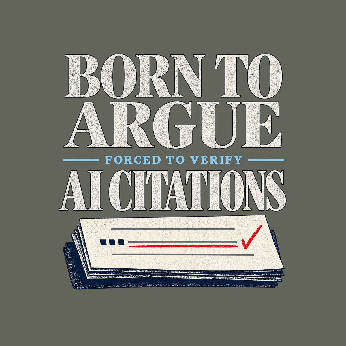 Black serif text reads BORN TO ARGUE, then AI CITATIONS, with FORCED TO VERIFY smaller in navy between them, above a cream brief page with grey citation rules, navy square marks, a red-underlined line, and a red checkmark. Artwork shown on the Military Green garment colour.