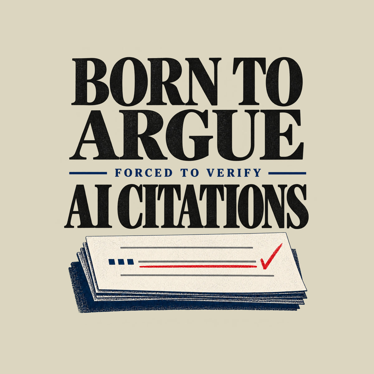 Black serif text reads BORN TO ARGUE, then AI CITATIONS, with FORCED TO VERIFY smaller in navy between them, above a cream brief page with grey citation rules, navy square marks, a red-underlined line, and a red checkmark. Artwork shown on the Natural garment colour.